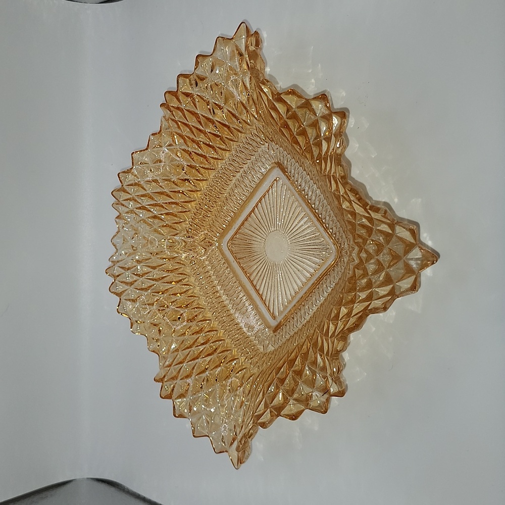 Elegant Mid Century Glass Diamond Cut Ruffled Dish